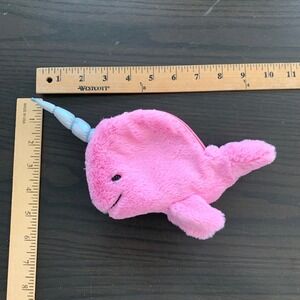 Jellycat Seas The Day Pink Narwhal Plush Coin Purse Iridescent Horn Zip Pouch